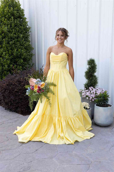Strapless Yellow Ruffle A-line Long Dress