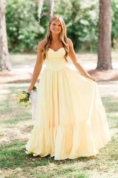 Strapless Yellow Ruffle A-line Long Dress
