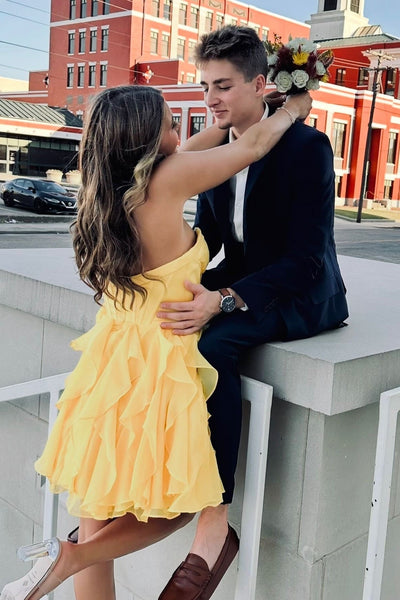 Strapless Yellow Ruffled Short Short Dress with Bow