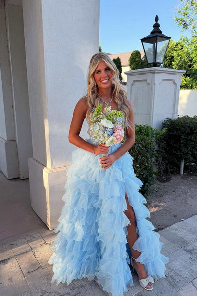 Strapless Blue Appliques Layered Long Dress with Slit