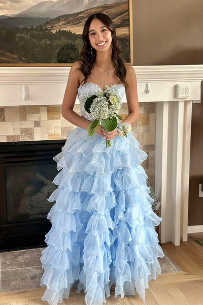 Strapless Blue Appliques Layered Long Dress with Slit
