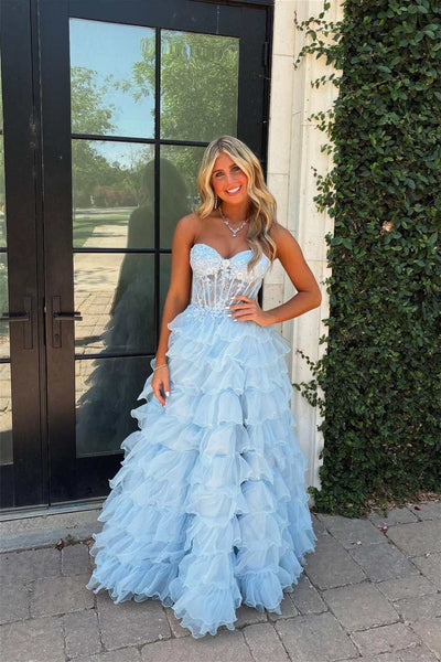 Strapless Blue Appliques Layered Long Dress with Slit