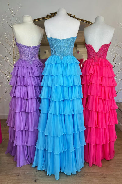 Strapless Blue Appliques Tiered Long Dress with Slit