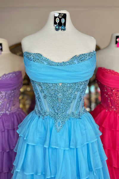 Strapless Blue Appliques Tiered Long Dress with Slit