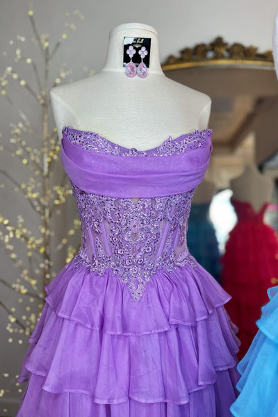 Strapless Blue Appliques Tiered Long Dress with Slit