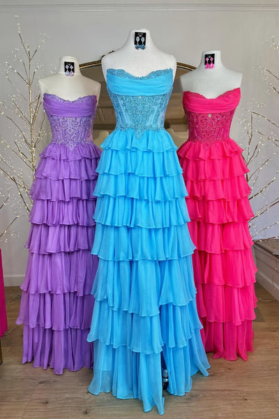 Strapless Blue Appliques Tiered Long Dress with Slit