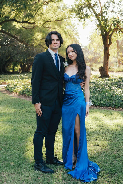 Strapless Light Blue Beaded Long Dress with Slit