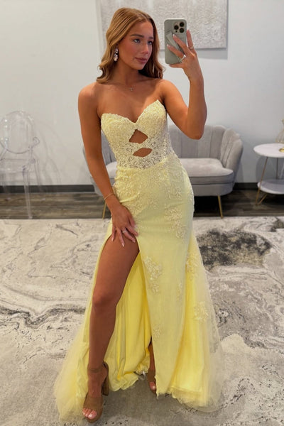Strapless Blue Lace Appliques Long Dress with Slit