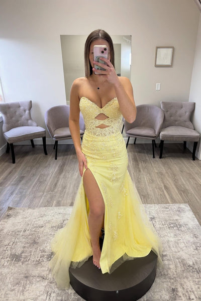 Strapless Blue Lace Appliques Long Dress with Slit