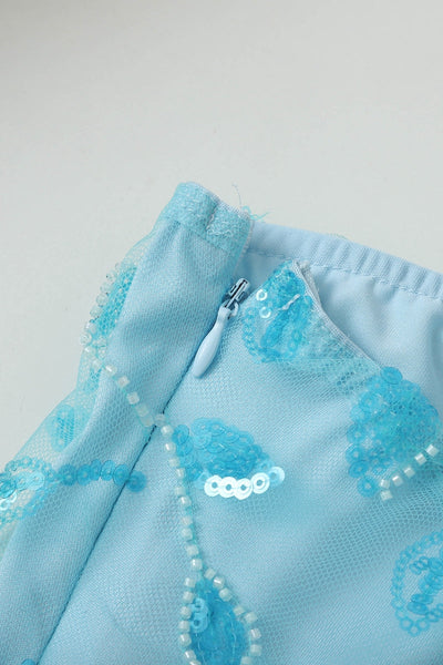Strapless Blue Sequin Appliques Short Dress