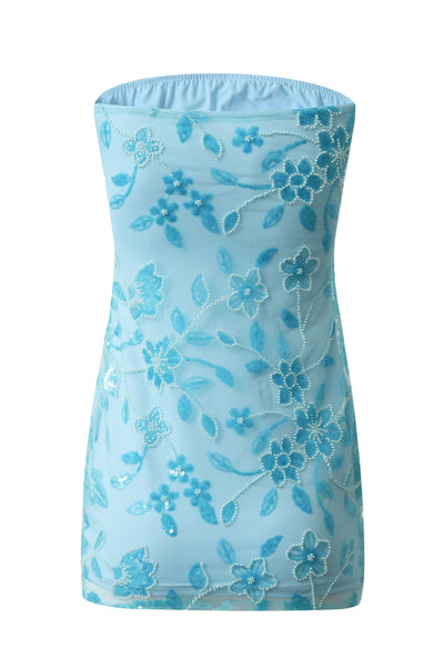 Strapless Blue Sequin Appliques Short Dress