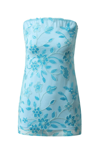Strapless Blue Sequin Appliques Short Dress