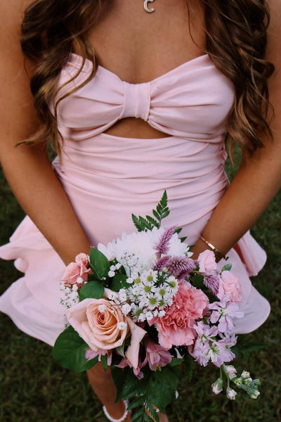 Strapless Light Pink Ruffle Tiered Short Dress