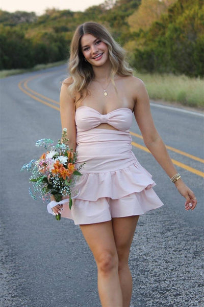 Strapless Light Pink Ruffle Tiered Short Dress