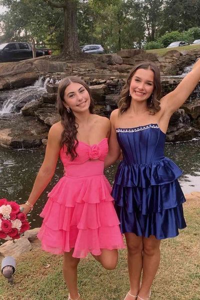 Strapless Navy Blue Tiered Short Dress with Beaded