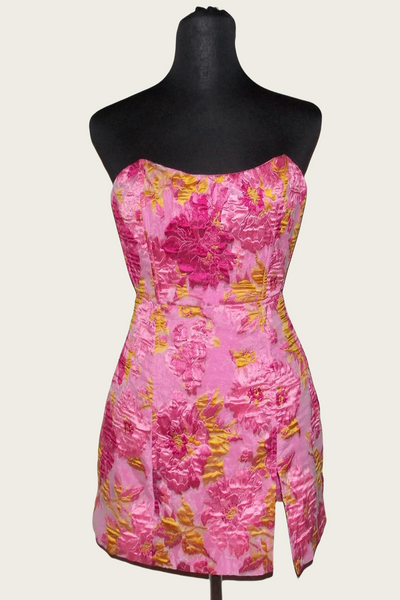 Strapless Pink Jacquard Short Dress with Slit