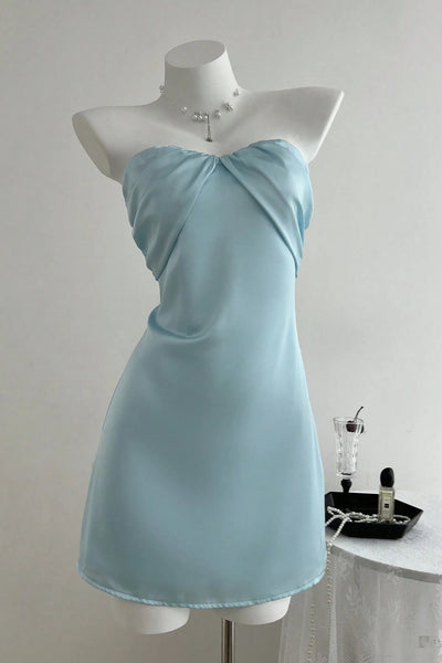 Strapless Sage Satin Short Dress with Slits