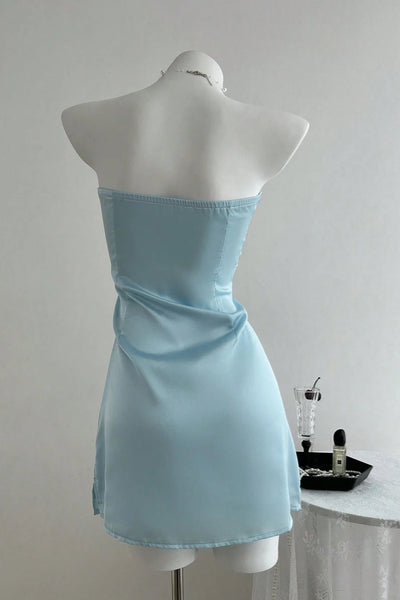 Strapless Sage Satin Short Dress with Slits