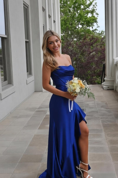 Strapless Yellow Ruffled Hem Long Dress with Slit
