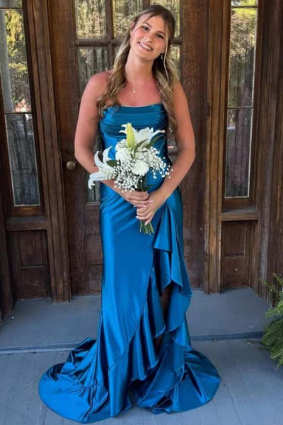 Strapless Yellow Ruffled Hem Long Dress with Slit