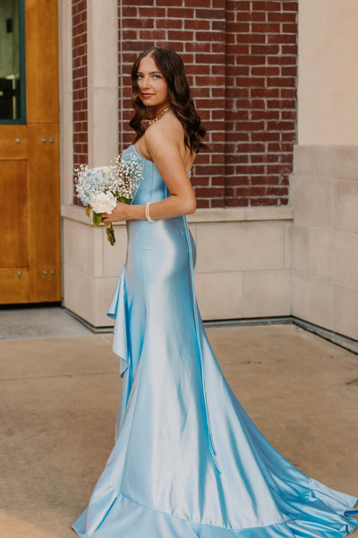 Strapless Yellow Ruffled Hem Long Dress with Slit