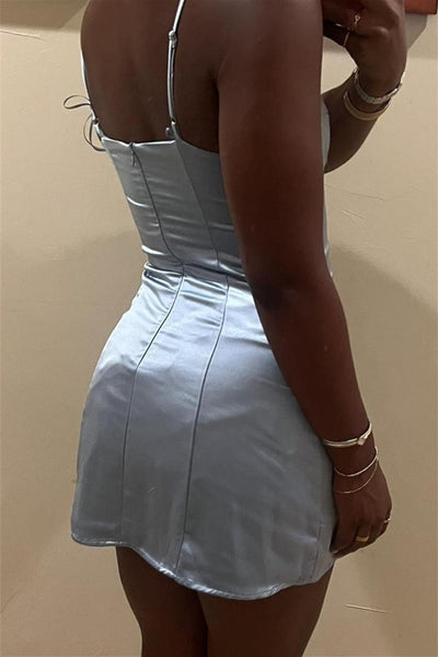 Straps Dusty Blue A-line Short Dress with Rosette