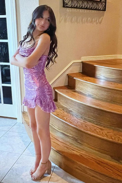 Straps Lavender Ruffled Hem Sequin Short Dress