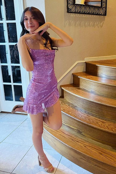 Straps Lavender Ruffled Hem Sequin Short Dress