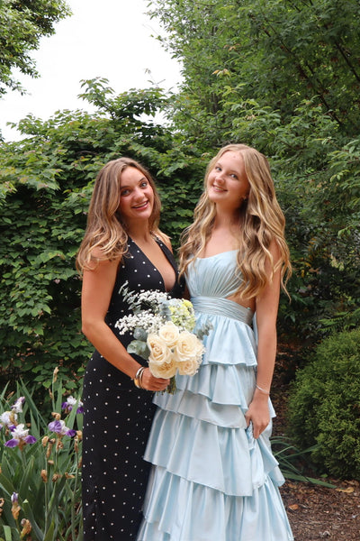 Straps Light Blue Back Tie Tiered Long Prom Dress