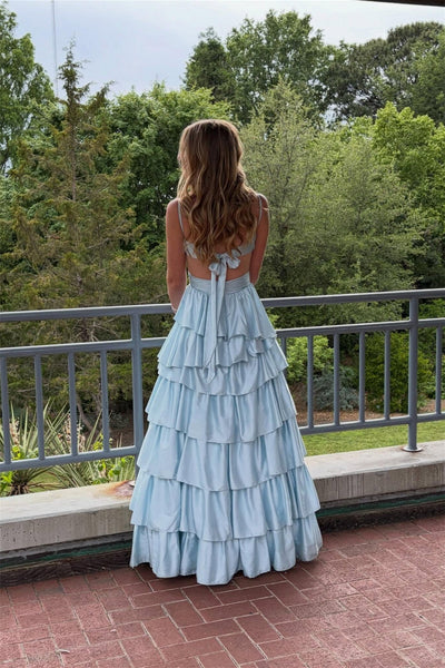 Straps Light Blue Back Tie Tiered Long Prom Dress