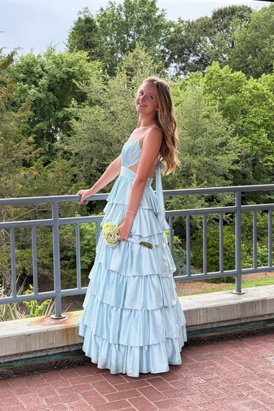Straps Light Blue Back Tie Tiered Long Prom Dress
