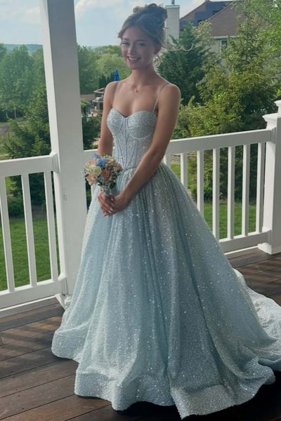 Straps Light Blue Beaded A-line Long Dress