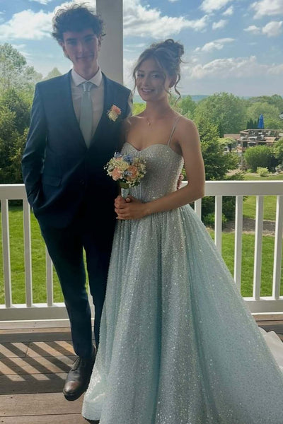 Straps Light Blue Beaded A-line Long Dress
