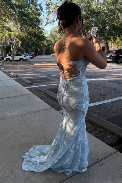 Fashion Spaghetti Straps Light Blue Floral Lace Mermaid Long Prom Dress