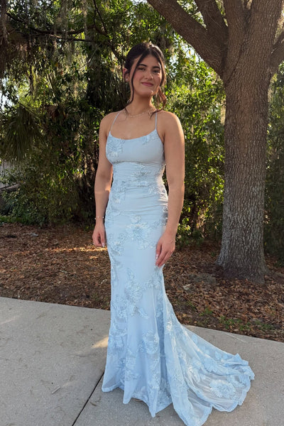 Fashion Spaghetti Straps Light Blue Floral Lace Mermaid Long Prom Dress