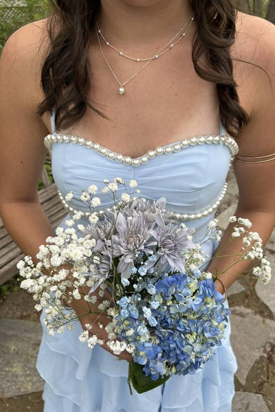Straps Light Blue Tiered Long Dress with Pearl