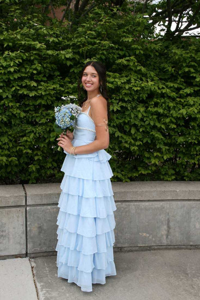 Straps Light Blue Tiered Long Dress with Pearl