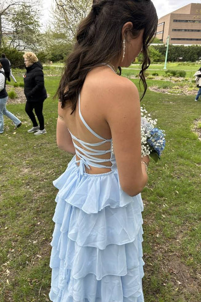 Straps Light Blue Tiered Long Dress with Pearl