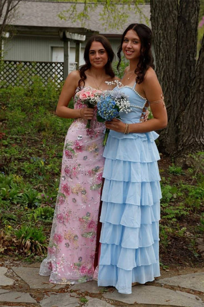 Straps Light Blue Tiered Long Dress with Pearl