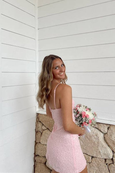 Straps Light Pink Beaded Sequin Short Dress