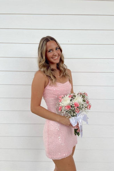Straps Light Pink Beaded Sequin Short Dress