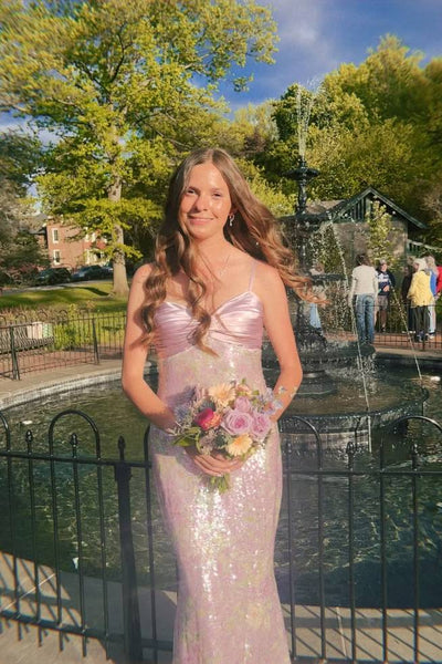 Straps Lilac Ruched Sequin Mermaid Long Dress