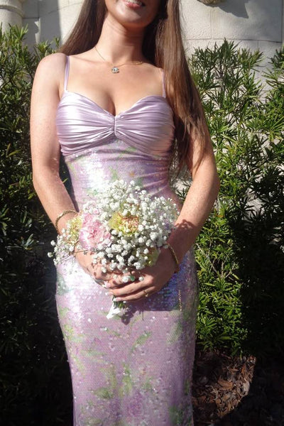 Straps Lilac Ruched Sequin Mermaid Long Dress
