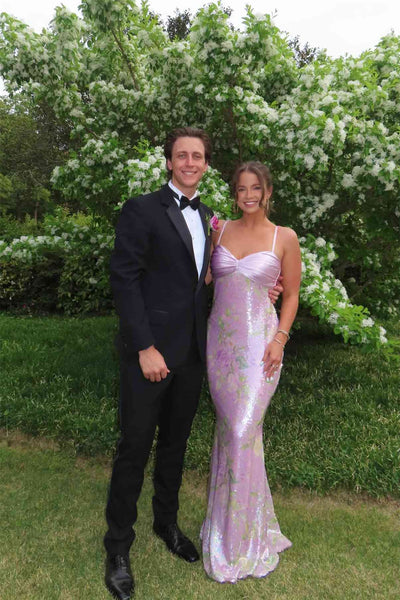 Straps Lilac Ruched Sequin Mermaid Long Dress