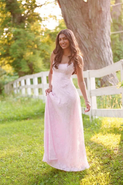 Straps Pink Jacquard Maxi Dress With Pleats