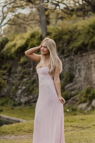 Straps Pink Jacquard Maxi Dress With Pleats