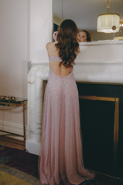Straps Pink Rhinestone Embellished Long Dress