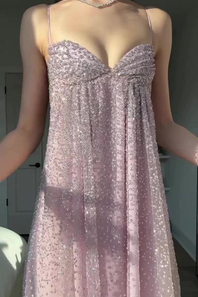 Gorgeous A Line Straps Dusty Pink Rhinestone Embellished Prom Dress