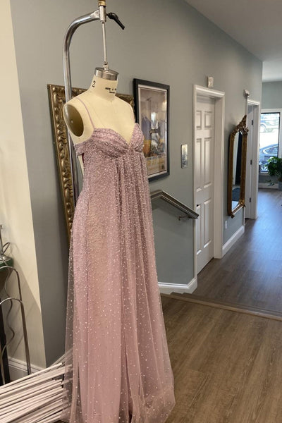 Gorgeous A Line Straps Dusty Pink Rhinestone Embellished Prom Dress