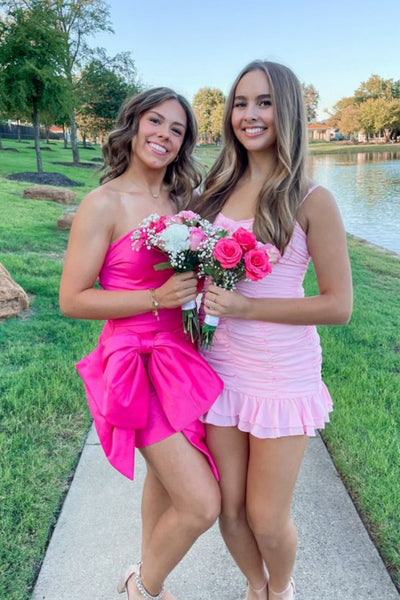 Straps Pink Ruched Tiered Sheath Short Dress
